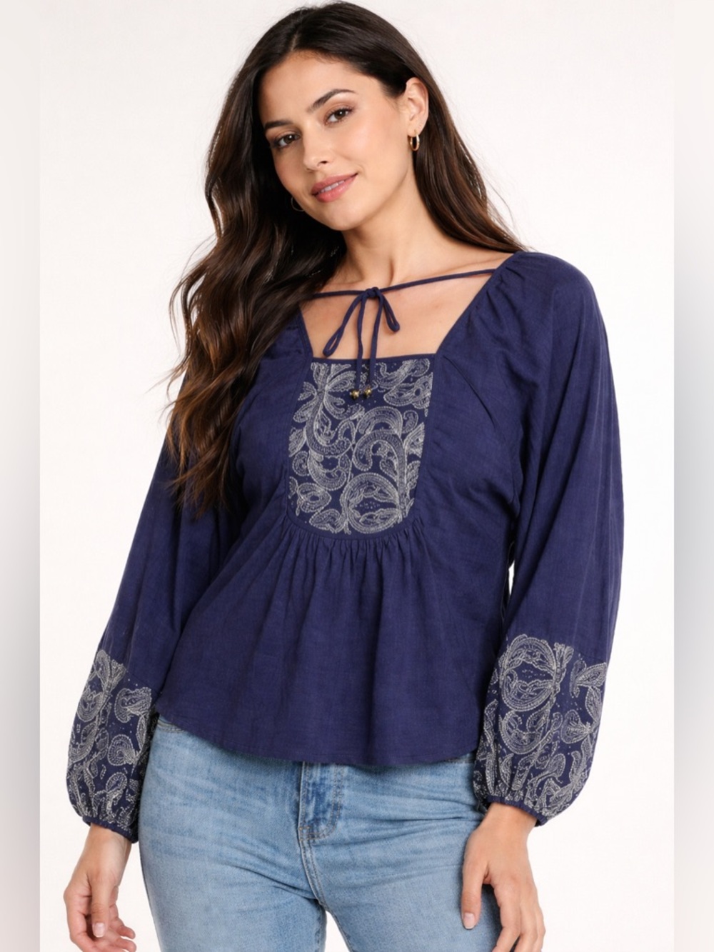 Embroidered Tie-Neck Peasant Blouse - Navy